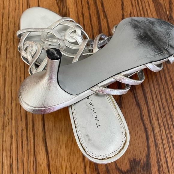 Tahari Silver Kitten Heels | Size 7M | Elegant Strappy Metallic Sandals - Picture 3 of 5